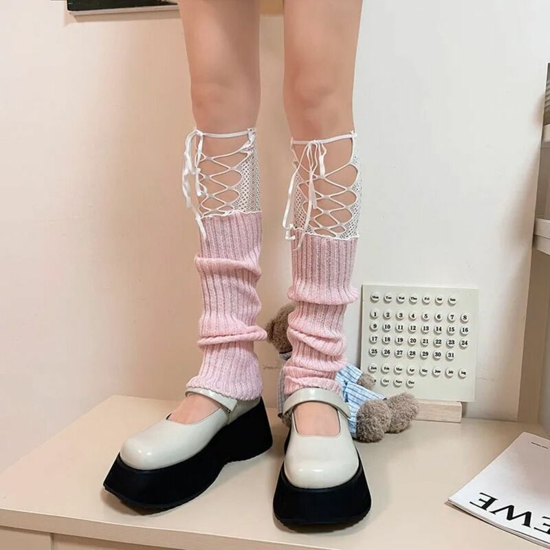 ถุงเท้ายาวถึงเข่าลายโลลิต้าถุงเท้าขายาว Y2K คลุมเท้าถักด้วยลูกไม้ปลอกขาแบบคาวาอิที่อุ่นขาแบบ Harajuku สีดำสีขาว Fishnet