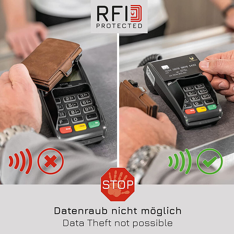Funda de tarjeta de crédito emergente con protección RFID, billetera de cuero genuino con compartimento para billetes y monedas para hombres y mujeres