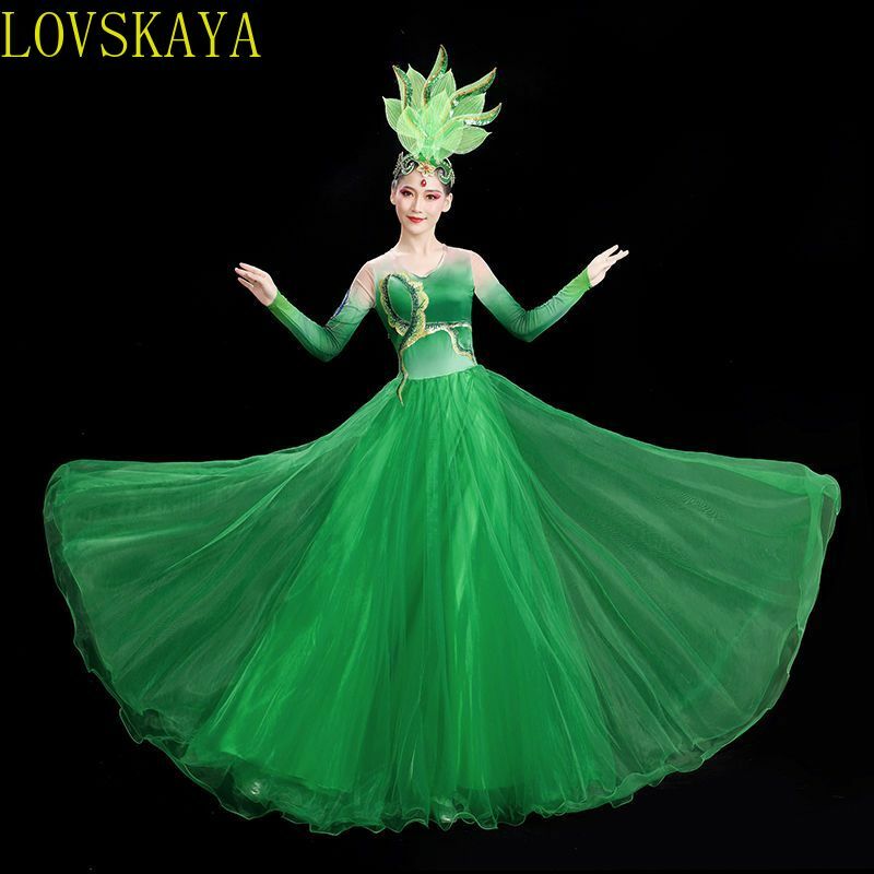 Женский танцевальный костюм, зеленая и красная роза, шелковое платье с длинными рукавами, праздничный костюм, новогоднее открытие, выступление