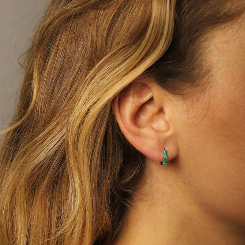 925 Sterling Silver Needle Square/Heart-Shaped Green Zircon Hoop Earrings for Women INS Snake Piercing Earrings Wedding Jewelry