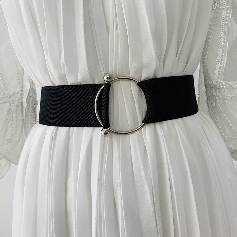 Ремни для женщин, простые эластичные украшения черного и белого цвета с круглой пряжкой, пальто, свитер, модное платье