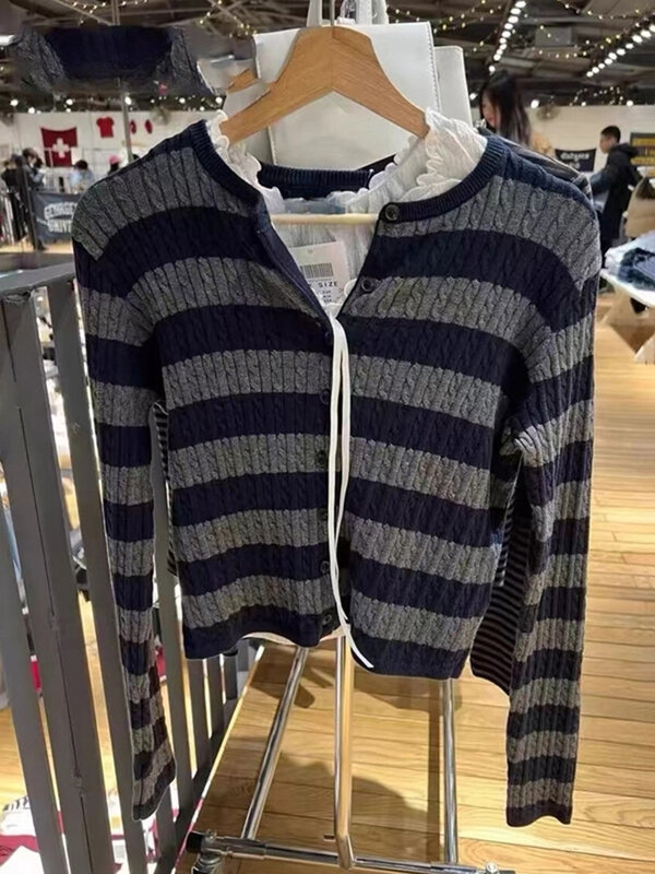 American Grey Blue Striped Knitted Sweater Fashion Single Breasted Short Women's Sweaters Street Style V Neck Tops Y2k Clothes