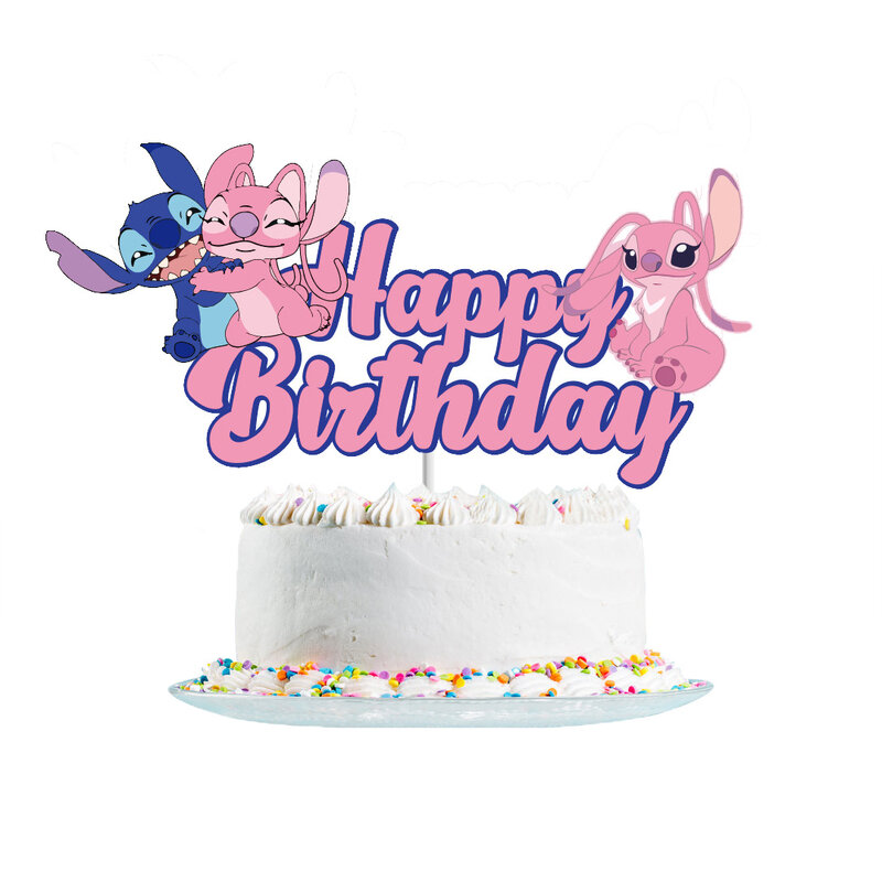 Pink Lilo e Stitch Cartoon Cake Topper, Happy Birthday Cake Decor, Fontes do partido para crianças, Decoração do chuveiro do bebê para meninas
