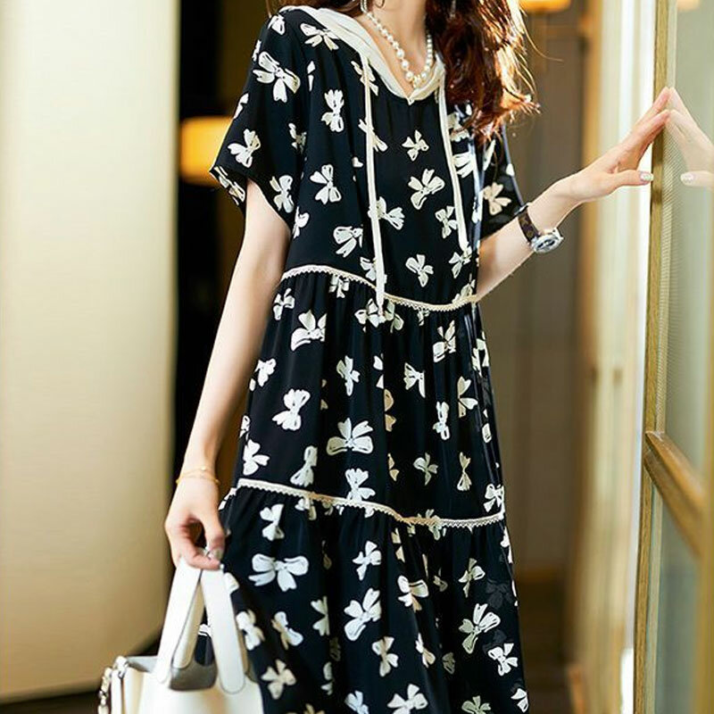 Women's Clothing Loose Hooded Dresses Fashion Bow Printed Casual Lace Spliced Summer Short Sleeve A-Line Drawstring Midi Dress
