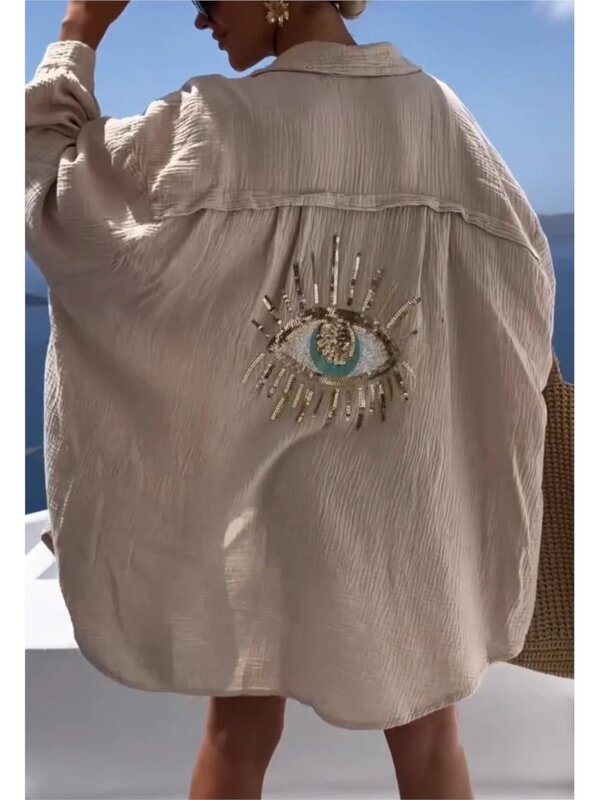 Paillettes occhi camicie larghe per le donne 2024 estate moda Solid Cover-up camicia di lino in cotone a maniche lunghe protezione solare top da spiaggia