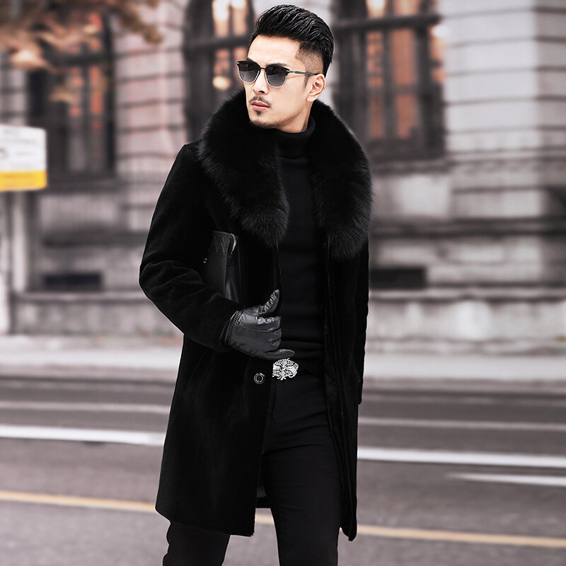 2023 Men Winter New Long Thick Warm Jackets Male Fluffy Genuine Fur Coats Men Real Fox Fur Collar Single Breasted Outerwear P476