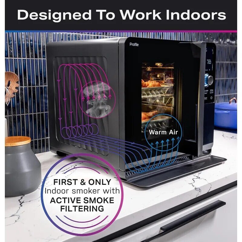 GE Profile Smart Indoor Smoker con filtrazione attiva del fumo, 5 impostazioni del fumo, WiFi collegato, elettrico, nero