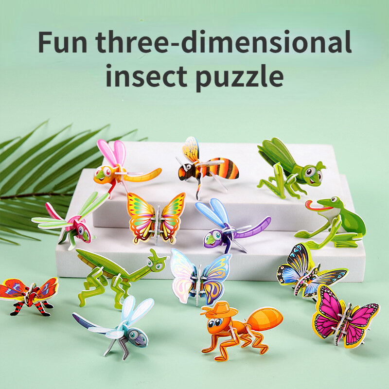 Rompecabezas de insectos de papel tridimensional 3D para niños, juguetes para niños, dibujos animados, modelo de ensamblaje, bricolaje, juguete educativo, 10 piezas