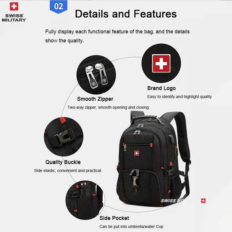 SUISS MILITAR-Bolsa de grande capacidade para homens, mala de viagem masculina, carregamento USB, mochila portátil impermeável, moda, 23"