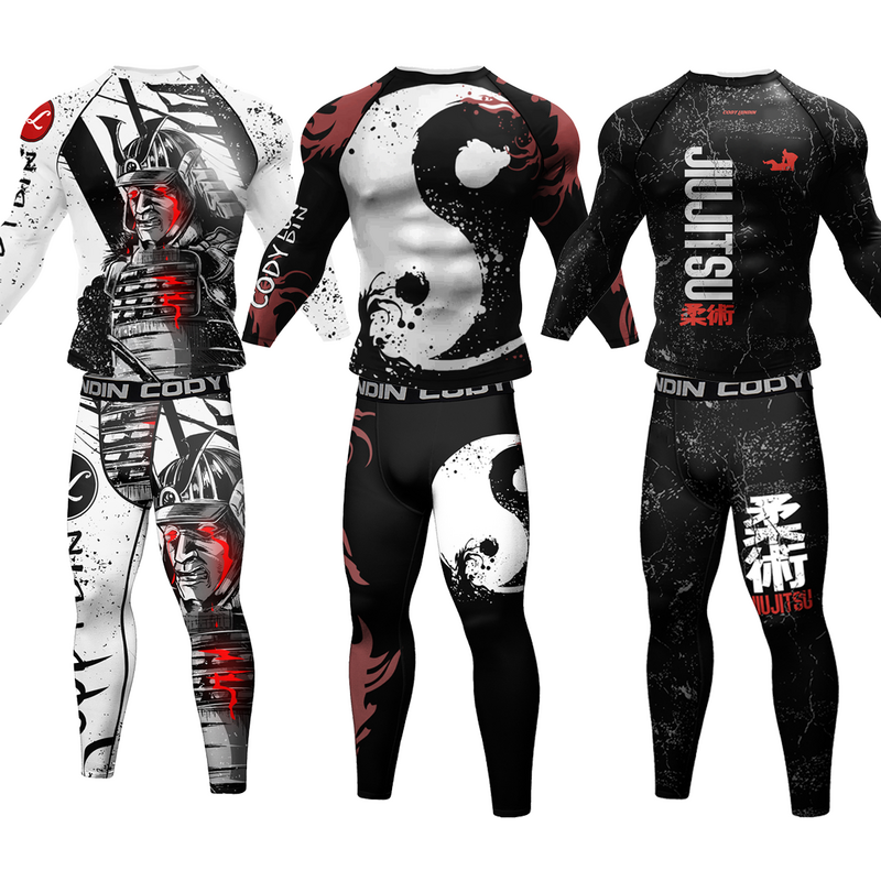 Cody Lundin 2-częściowy strój sportowy z długim rękawem BJJ jiu jitsu Rashguard Koszule Bjj Grappling Spodnie kompresyjne Bieganie Aktywne noszenie