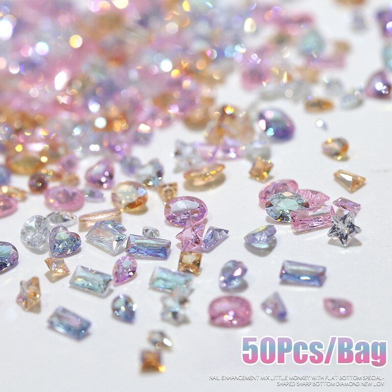 50Pcs 5A Sparkle Mini Zircon Aurora Ice Translucent Cognac Mix Shapes Sharp Diamonds Manicure Charms Nail Art Rhinestones Decor