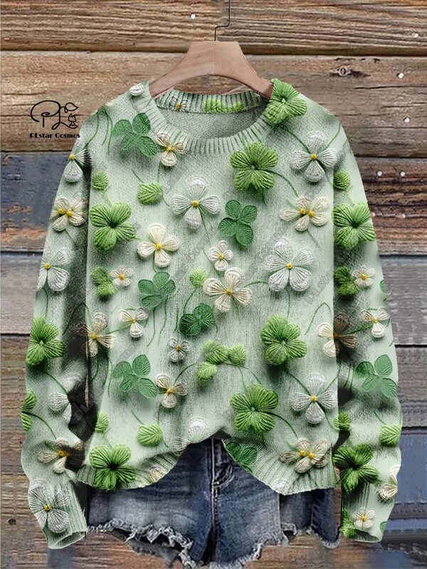 PLstar Cosmos new 3D printed green series clover small floral pattern brutto maglione winter street casual unisex