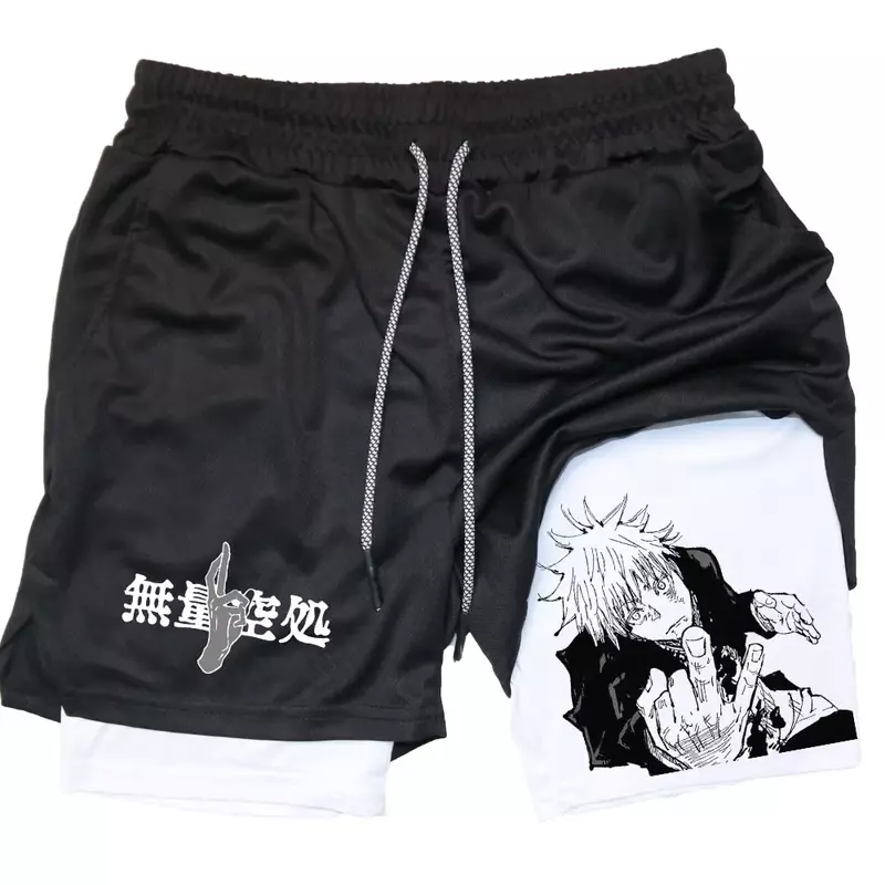 Anime 2 In 1 Compressie Shorts Gojo Satoru Print Performance Sportkleding Heren Gym Training Mannelijke Fitness Sport Shorts