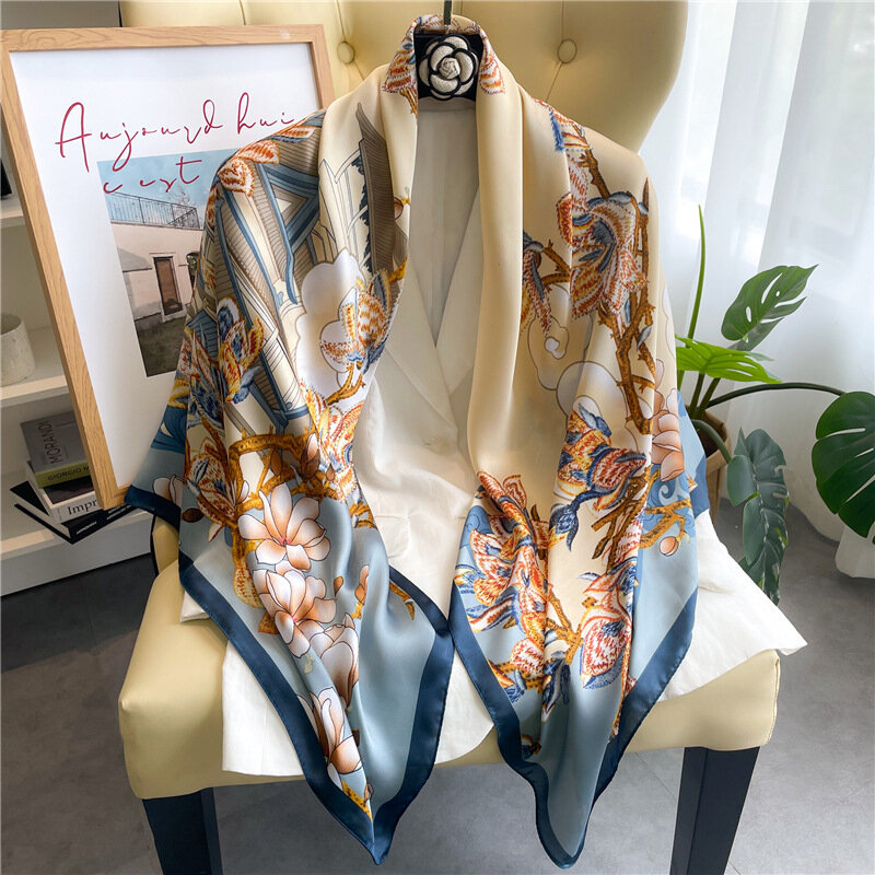 Bufanda de estilo nacional con estampado para mujer, pañuelo cuadrado grande de 110cm con estampado de flores, ideal para regalo de madre, novedad