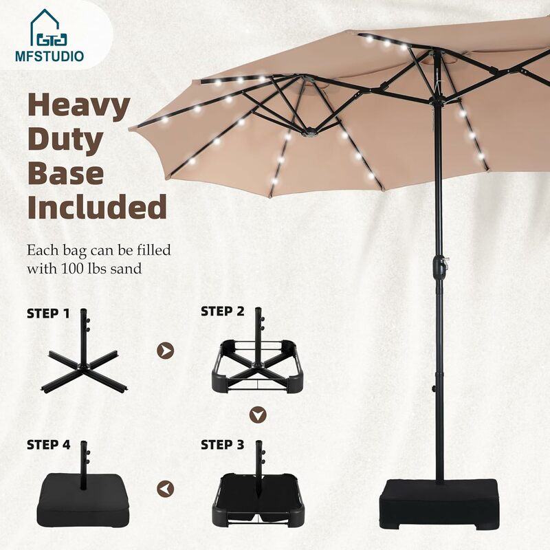 MFSTUDIO 15ft Dwustronny parasol ogrodowy z lampami słonecznymi, duże prostokątne parasole rynkowe na zewnątrz z podstawą w zestawie