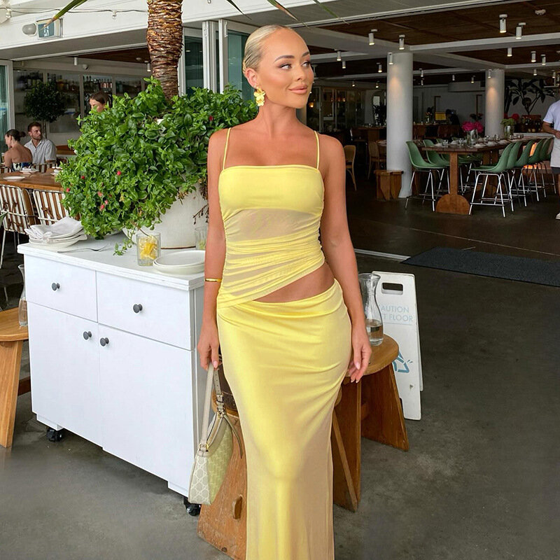 Yellow Women's Prom Dress Sexy Strap Sleeveless Summer Sheath Slim Fit Party Gown Solid Color Hollow Skirt Robes In Stock