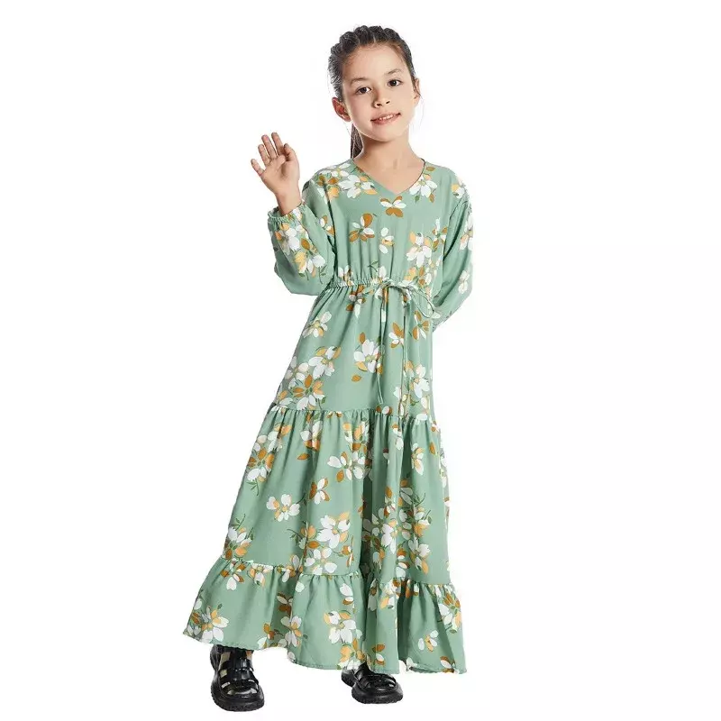 Vestido floral boêmio para crianças, kaftan muçulmano abaya islâmico, túnica turca e árabe, vestido de manga longa, vestido estampado na cintura para meninas