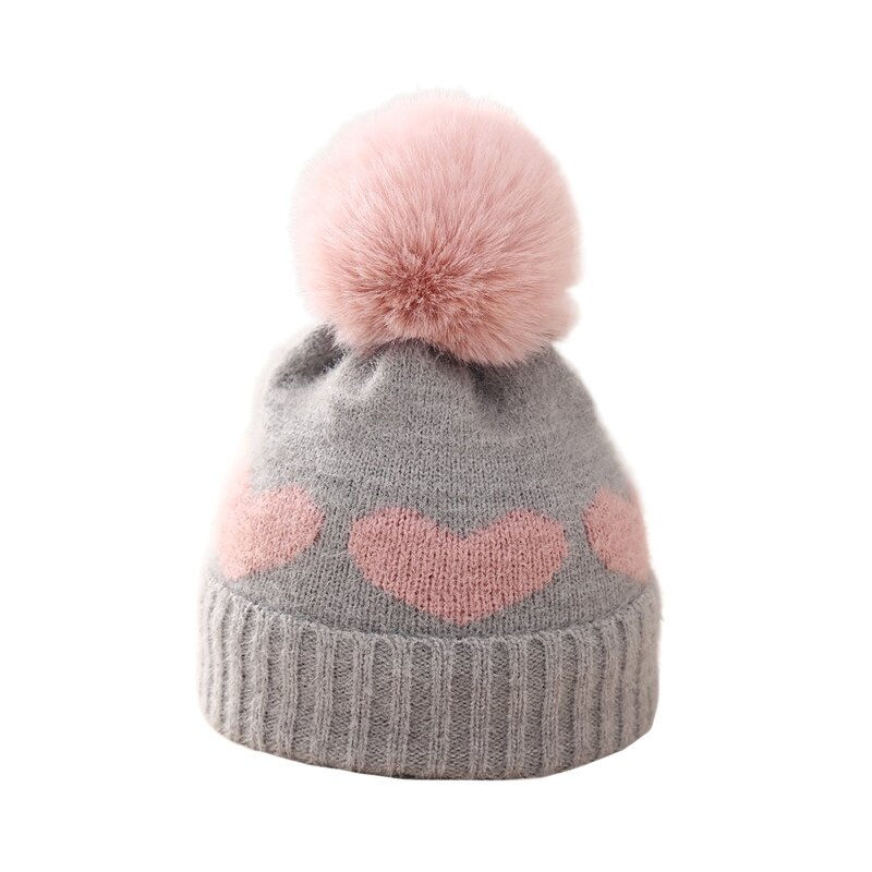 Baby Girls' Heart Pattern Knit Beanie Hat, Infantil, Recém-nascido, Criança, Crianças, Cap, Plush, Pom, Quente, Inverno