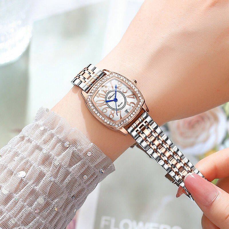 RoseGold-relojes de lujo para mujer, reloj de pulsera de cuarzo de acero inoxidable, resistente al agua, con calendario