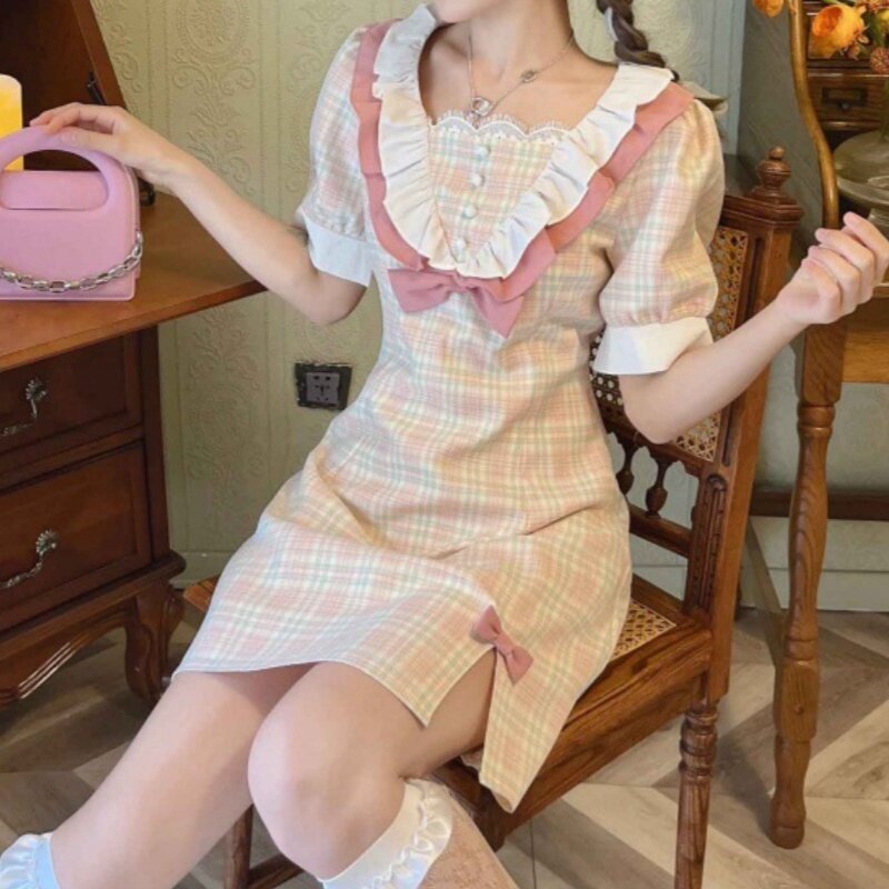 Vestido de emagrecimento feminino francês doce menina arco xadrez cintura, roupa kawaii, lolita, tamanho grande, verão, novo, Y2k, 2024