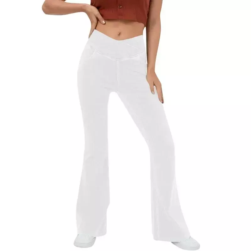 Модные женские джинсы, повседневные спортивные осенние однотонные теплые брюки-клеш для йоги, женские леггинсы с высокой талией, брюки 30212