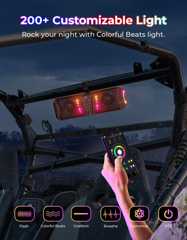 KEMiMOTO Midnight Sound Bar RGB Light IP66 Wodoodporna kontrola aplikacji Soundbar do wózka golfowego UTV ATV pasuje do kierownic 1"-2