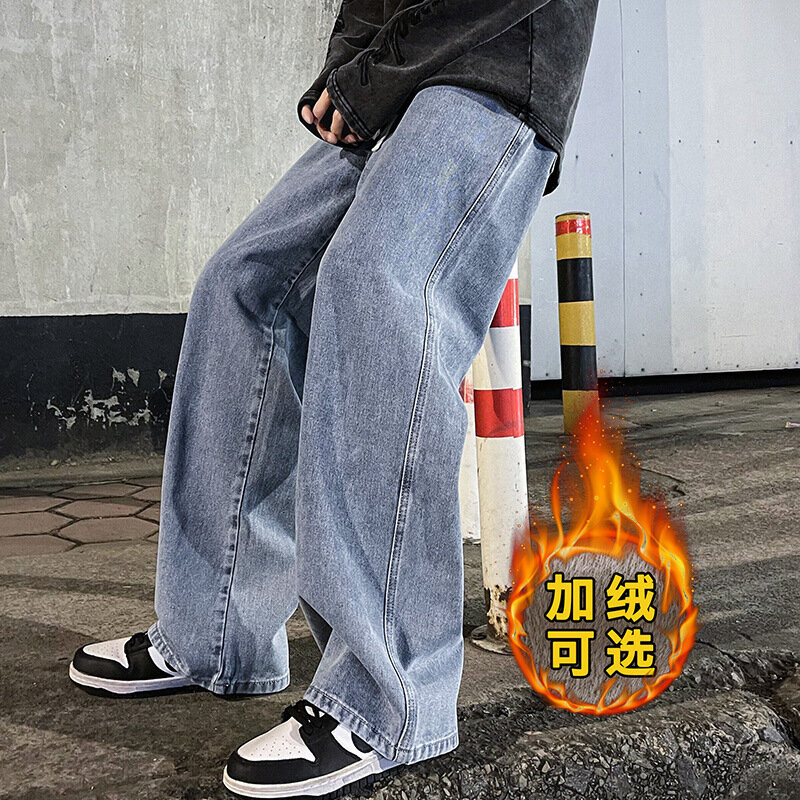 Jeans de lã de perna larga larga larga masculina, streetwear grosso quente, cintura elástica extragrande, calça jeans reta preta, inverno