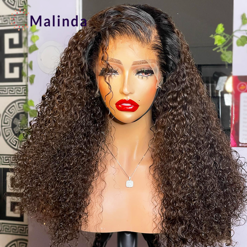 Peluca de cabello humano rizado para mujer, postizo de encaje Frontal transparente, color marrón ombré 360, brasileño 1b/4