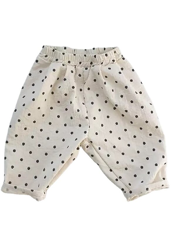 2023 Primavera Verão Novo Bebê Calças Soltas Moda Meninos Jeans Casual Bonito Dot Imprimir Infantil Menina Harem Pants Toddler Denim Pants