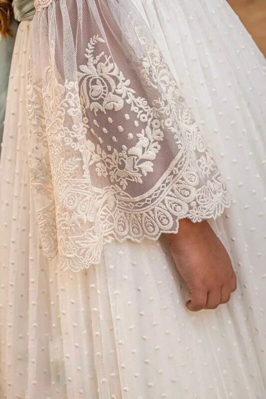 Communion Flower Girl Dress For Kid Vintage Princess Lace Floral Ribbon Belt Bridemini Wedding Bridesmaid Cotton Gown