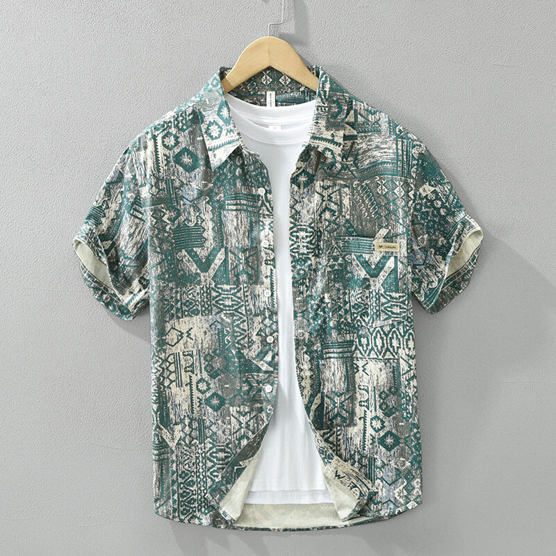 Camisa solta de manga curta masculina, estilo japonês, estampa vintage, adolescentes, TS-797, 100% algodão