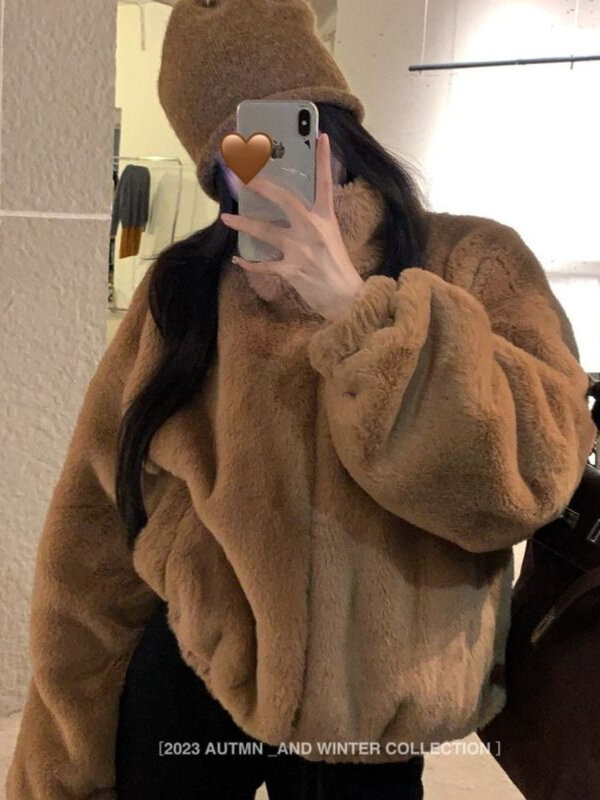 Deeptown coreano moda Fax pelliccia corta giacca donna elegante spessa caldo morbido cappotti femminile manica lunga peloso corto capispalla inverno