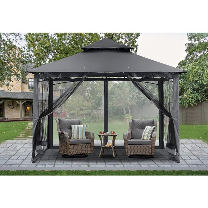 Pavillon de jardin extérieur avec cadre en acier stable, mur en maille, filet à roulettes noir, 10x10