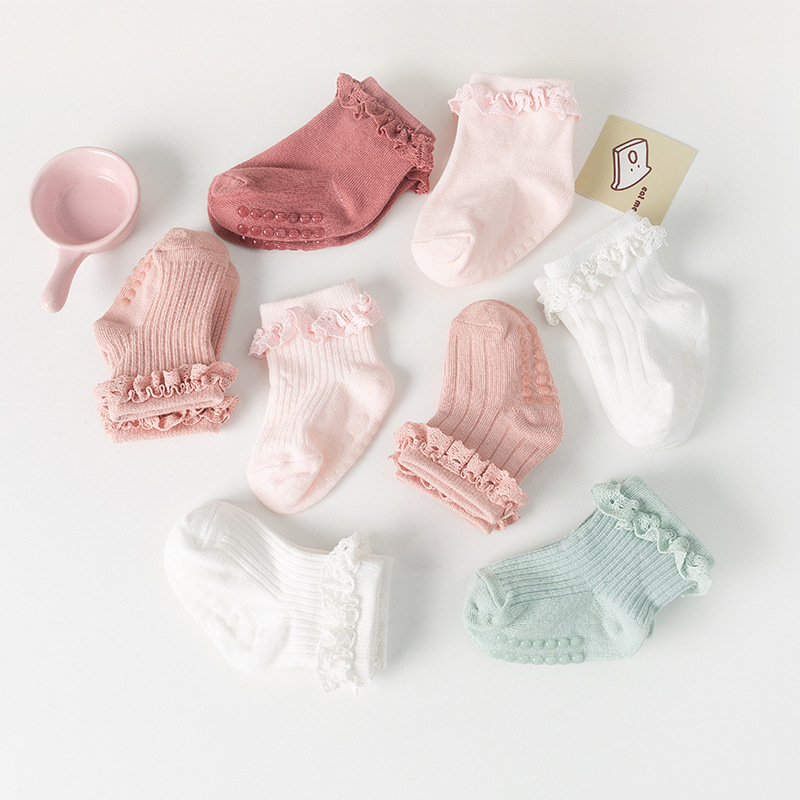 3 paare/los Babys ocken Säugling Neugeborenen Socken Baumwolle einfarbige Spitze Rüschen Baby Boden Socken Baby Mädchen Socken Kleidung Zubehör