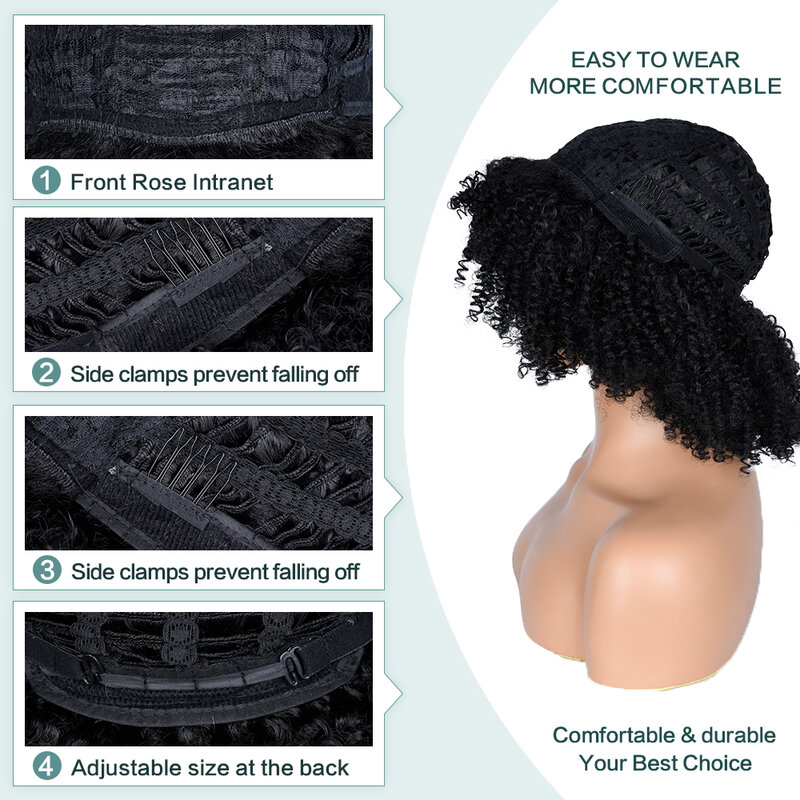 Perruque Afro bouclée sans colle pour femmes noires, postiche Afro crépue avec frange, en fibre synthétique, de 18 pouces, pour Cosplay