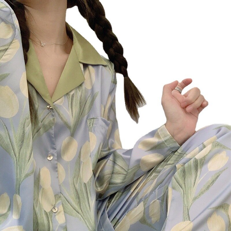 Dames Pyjama Set Lente Herfst 2 Stuk Tulpenprint Pyjama Faux Zijde Satijn Lange Mouw Pijama Mujer Pjs Homewear