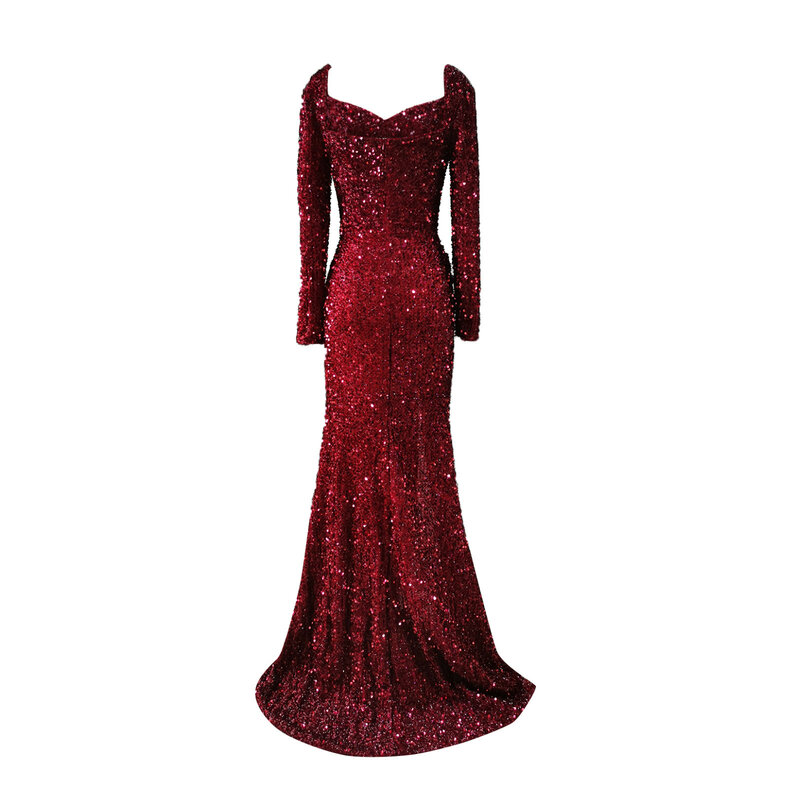 Women's Formal Dresses Long Sleeve V Neck Ruched Side Slit Glitter Sparkly Sequin Red Dress Elegant Party Dress платья женское