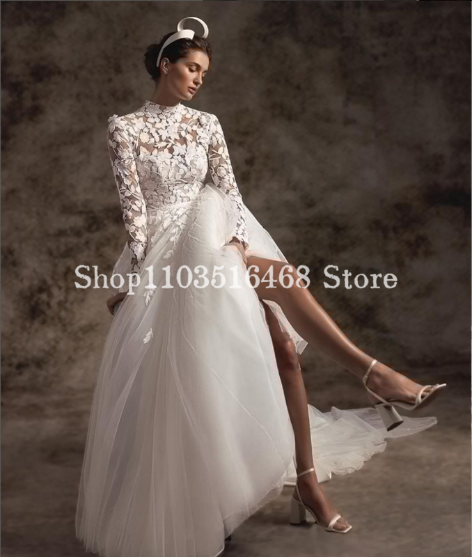 Elegant Muslim Wedding Dress White High Neck Applique Long Sleeve Lace A-Line Long Formal Vestidos De Novias 2024