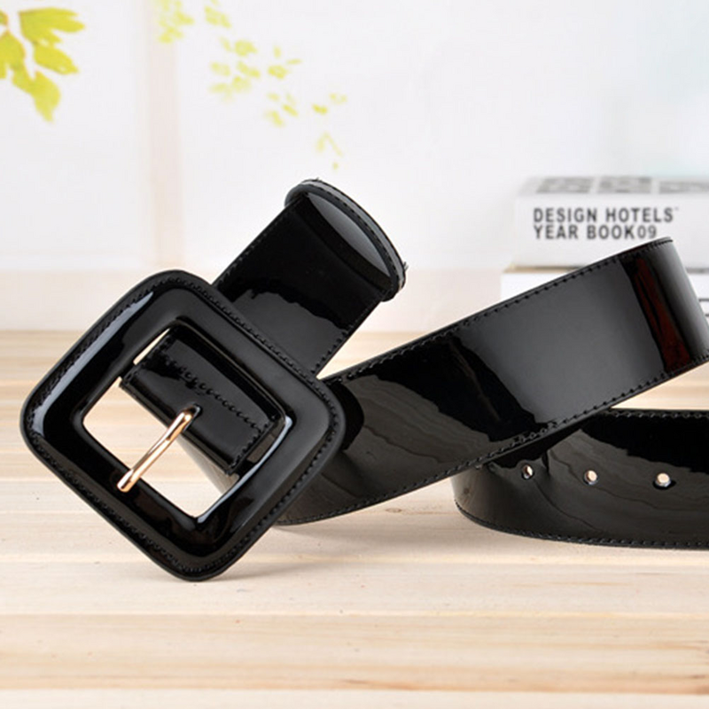Cinturón de charol PU con hebilla para Vestido vaquero, cinturón de cintura ancha, negro