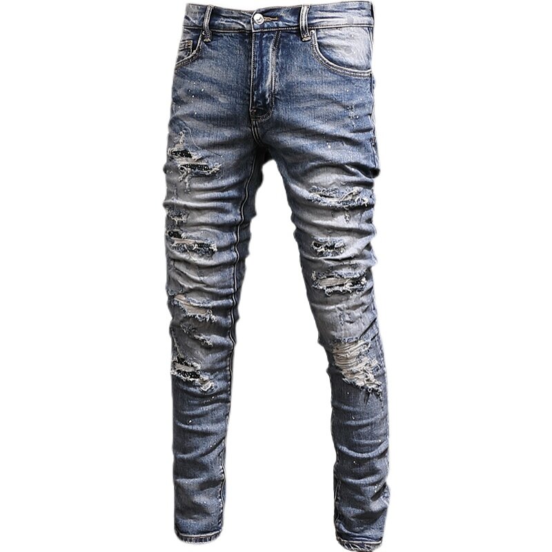 Jeans da uomo di moda di strada Jeans strappati Skinny elasticizzati blu lavati retrò da uomo pantaloni di marca Hip Hop firmati Patched dipinti