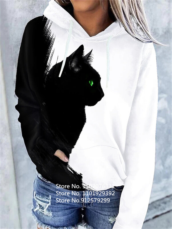 Frauen Nette Katze Hoodies Sweatshirt 2023 Mode Gedruckt Mit Kapuze Sweatshirt Casual Lose Langarm Pullover Jacke