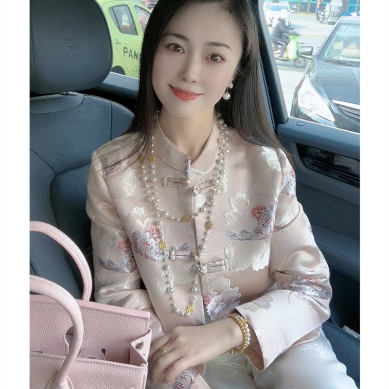 Fato de calça nacional feminina, novo estilo chinês, conjunto de 2 peças