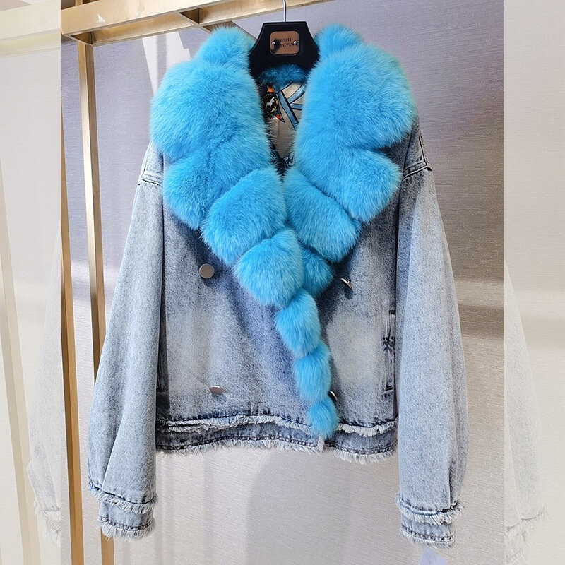 レディース本物のキツネの毛皮のコート,襟付きのジャケット,デニム,h2,2023