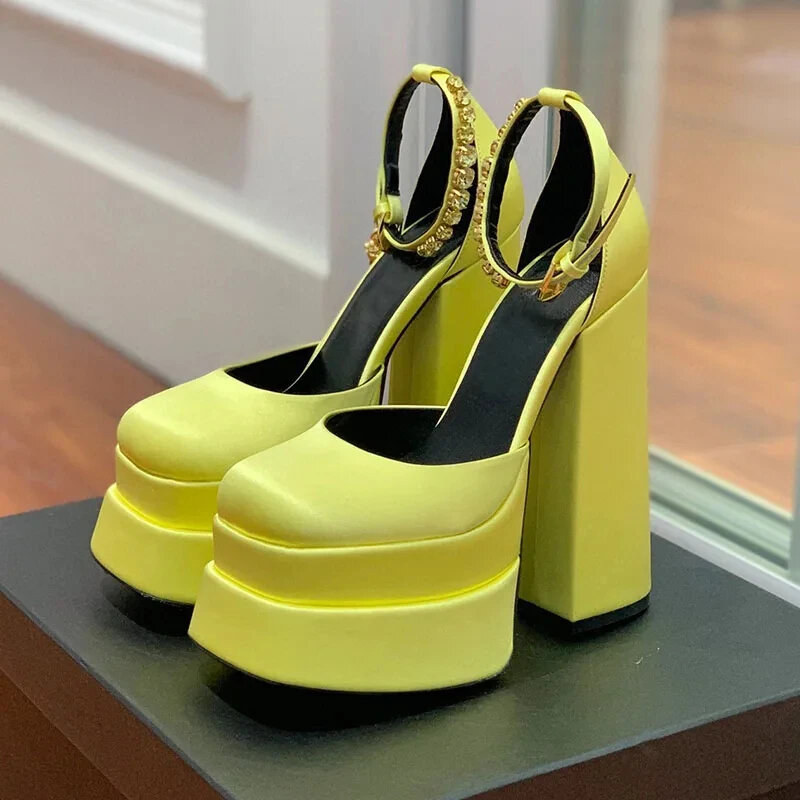 New Brand Women Sandals Summer Sexy Thick High Heels Platform Black Red Yellow Square Toe Dress Party Wedding Shoes Woman Pumps
