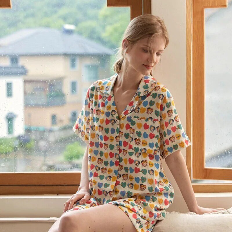 2024 Summer Cotton Double Layer Gauze Pajamas for Women Cute Color Love Printed Short Sleeve Shorts Loungewear 2 Piece Sets
