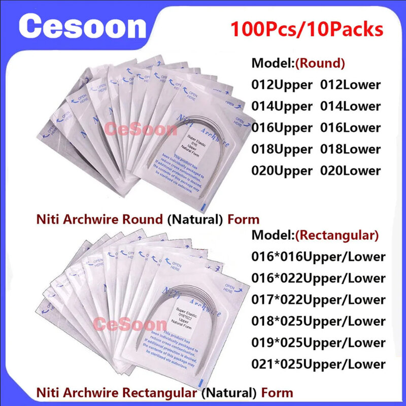 100Pcs/10Packs Dental Orthodontic Arch Wire Niti Natural Archwires Super Elastic Round/Rectangular Wires Nature Dentist Material