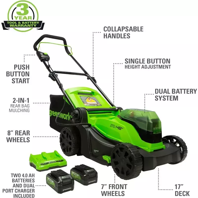 Greenworks 48V (2 x 24V) 17" Cordless (Push) Lawn Mower (125+ Compatible Tools), (2) 4.0Ah