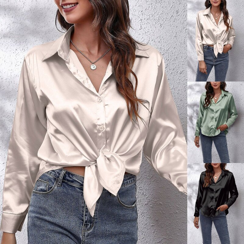 2024 lato nowe eleganckie damskie satynowe koszule jednolity kolor bluzka z długim rękawem klapy Casual bluza bluza biurowa feminas