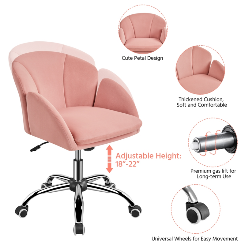 Modern Velvet Rolling Desk Chair for Home Office, Pink Furniture Computer Chair Pink Desk Chair Office Chairs