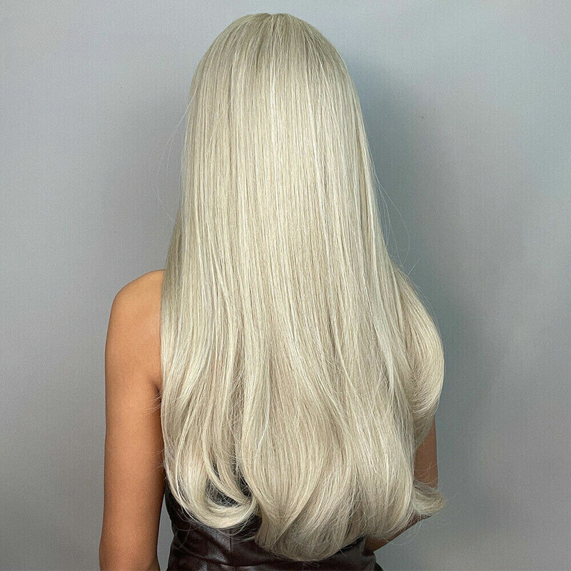 Perruque blonde platine avec frange pour femme, cheveux longs ondulés